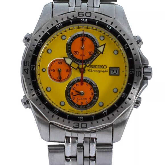 Rare Men's Seiko Chronograph Alarm 1998 Nagono Olympics Yellow Watch 7T32-7C70! - Picture 1 of 11